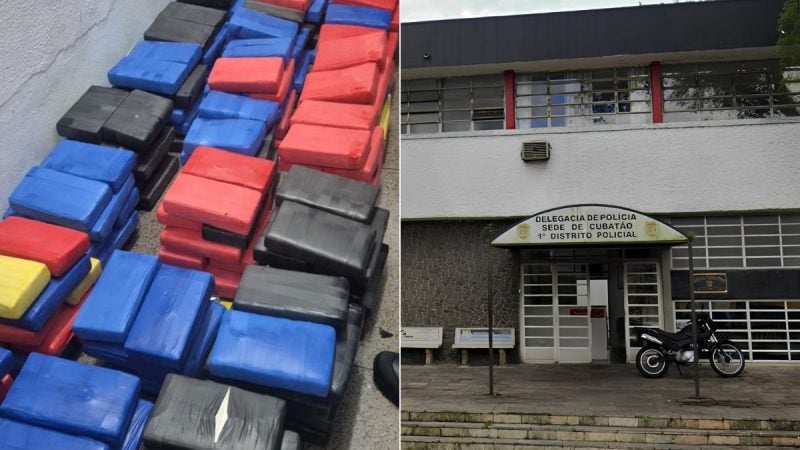 Xuxão preso por tráfico em Cubatão: imagem mostra grande quantidade de tabletes de cocaína apreendidos e a fachada da delegacia de polícia em Cubatão.