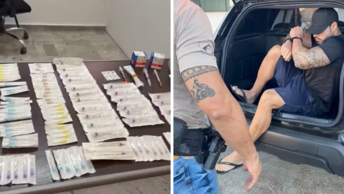 suspeito de vender anabolizantes em Americanaguarda-vidas Guarujá: Suspeito de vender anabolizantes e atuar como nutricionista é preso em Americana: em uma imagem, drogas e materiais apreendidos em mesa e, ao lado, homem detido com algemas junto a um carro. (Americanaguarda-vidas Guarujá)
