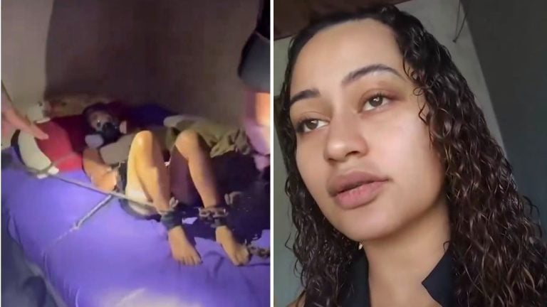 Emiliane Tamara aparece em foto de um caso de notícia, com imagem em destaque do rosto e, ao fundo, uma cena com pessoa em posição de vulnerabilidade em ambiente interno, relacionada ao crime.