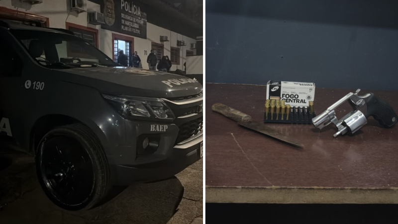 Imagem dividida mostra viatura da polícia e, em seguida, um revólver com munições apreendidos sobre uma superfície, em caso de homem procurado pela justiça é preso em Hortolândia.