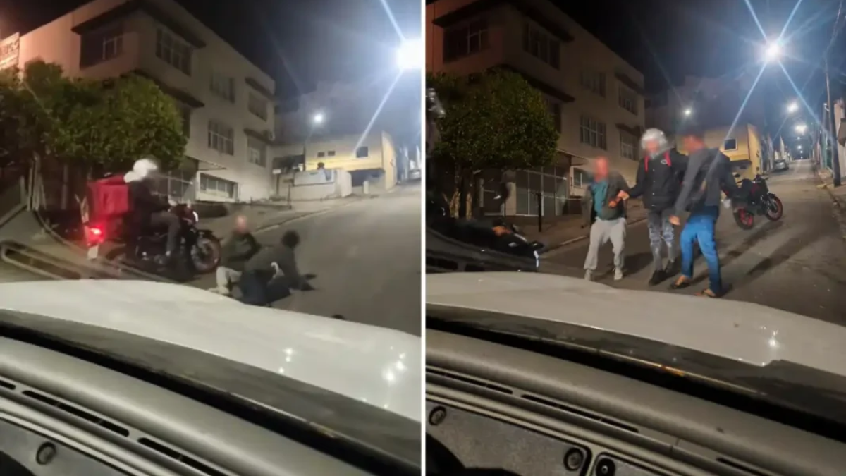 briga entre pessoas em situação de rua em Bragança Paulista: em duas fotos noturnas, equipes e pessoas se reúnem na rua após uma confusão, com ambulância e motos ao fundo e viaturas iluminando o local.