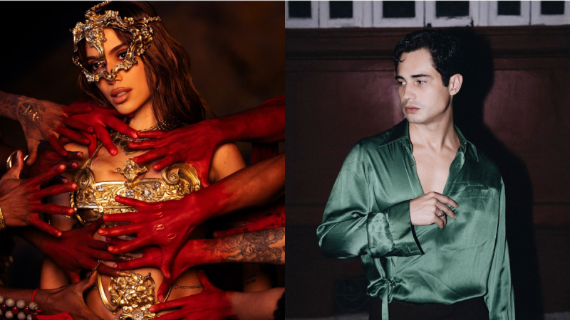 Anitta e Danilo Mesquita são flagrados aos beijos em bar no Rio, com a cantora em close à esquerda e o homem ao lado em ambiente noturno do bar.