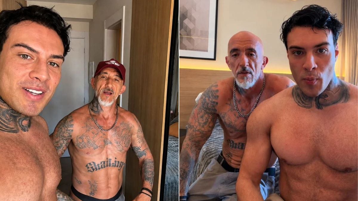 Cristian Cravinhos de calcinha aparece em fotos de vídeo adulto, posando em ambiente interno com tatuagens e expressão de diversão, em dois enquadramentos lado a lado.