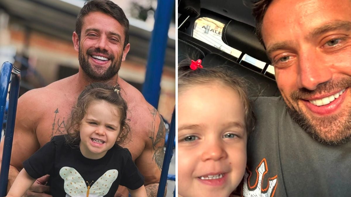 Rafael Cardoso aparece em fotos sorridentes com uma criança, em clima afetivo, celebrando uma nova fase após reabilitação e citando: “Ser pai é ter o coração fora do peito”.