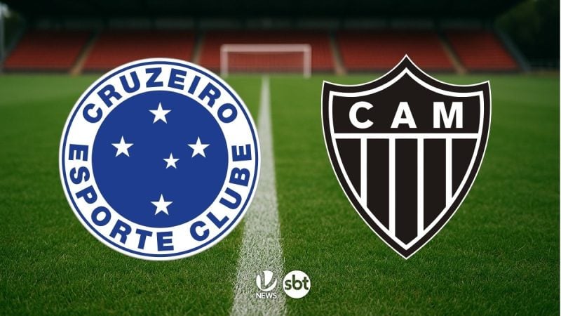 Cruzeiro x Atlético-MG: escudos das equipes Cruzeiro e Atlético Mineiro sobre um campo de futebol, com marca do canal SBT na imagem da partida pela Copa do Brasil.