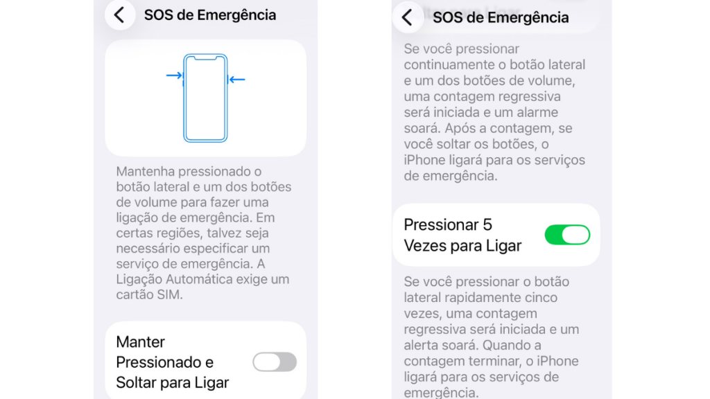 iphone vídeo ao vivo: Tela do iPhone com instruções do recurso SOS de Emergência, mostrando como manter botões pressionados para iniciar contato com serviços de emergência.