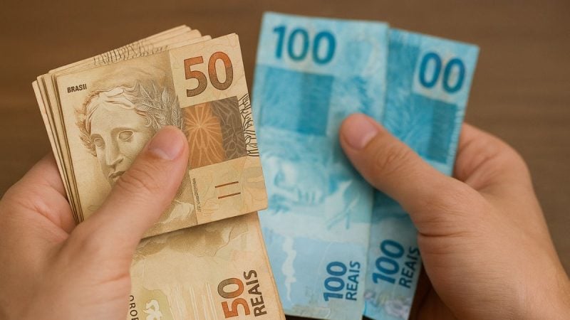 Mãos segurando notas de dinheiro do Brasil, incluindo cédulas de 50 e 100 reais, com foco em reajuste do salário mínimo e valores projetados para 2027.