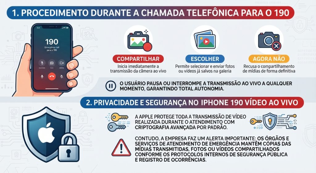 Infográfico com celular mostrando chamada para o 190 e explicação do recurso iPhone vídeo ao vivo, incluindo compartilhamento da câmera, pausa da transmissão, privacidade e segurança