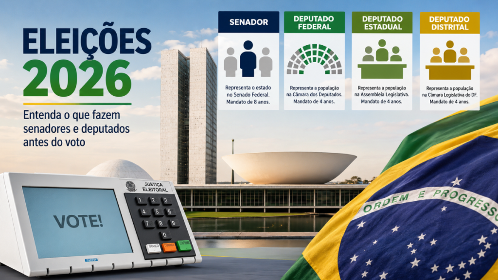 Eleições 2026 com bandeira do Brasil, urna eletrônica e painel informativo sobre o Poder Legislativo, mostrando como eleitores definirão a composição do Congresso no voto.