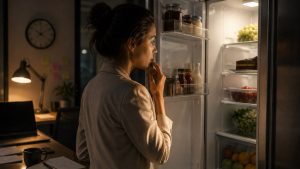 por que você abre a geladeira mesmo sem fome: Mulher em uma cozinha à noite, com luz baixa, olhando e abrindo a geladeira mesmo sem estar com fome, buscando algo no interior do eletrodoméstico.