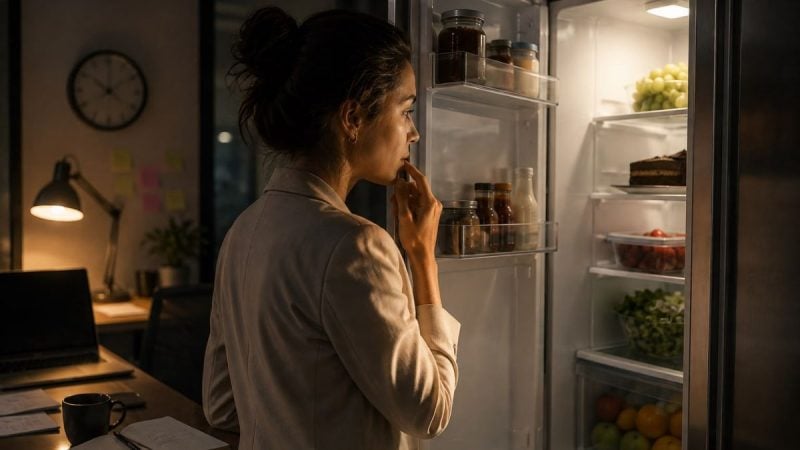 por que você abre a geladeira mesmo sem fome: Mulher em uma cozinha à noite, com luz baixa, olhando e abrindo a geladeira mesmo sem estar com fome, buscando algo no interior do eletrodoméstico.
