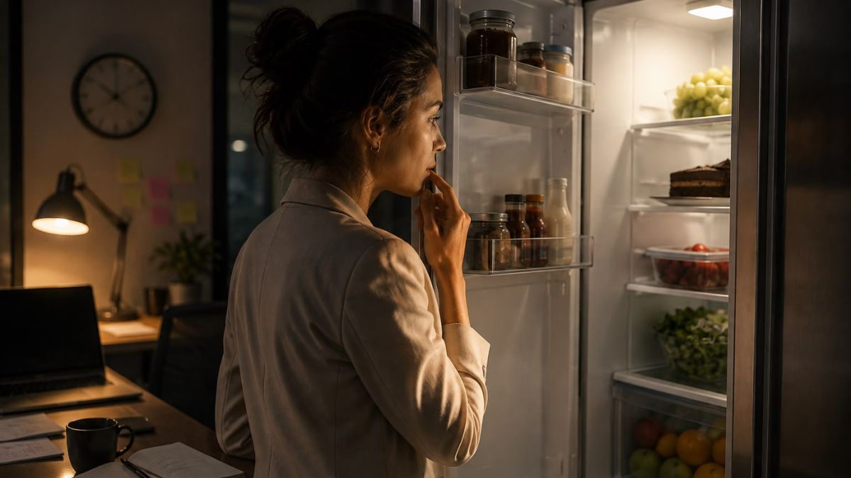 por que você abre a geladeira mesmo sem fome: Mulher em uma cozinha à noite, com luz baixa, olhando e abrindo a geladeira mesmo sem estar com fome, buscando algo no interior do eletrodoméstico.