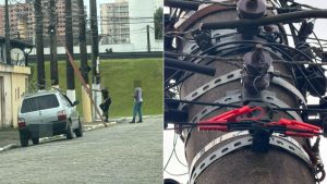 Furto de cabos em Praia Grande: Falsos técnicos são presos após furto de cabos telefônicos em Praia Grande; à esquerda, policiais ao lado de uma van e, à direita, cabos e ferramentas apreendidos.