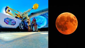 Observatório de Campinas recebe público em sala de astronomia com telescópio enquanto o eclipse lunar aparece na imagem à direita, com lua alaranjada no céu escuro.