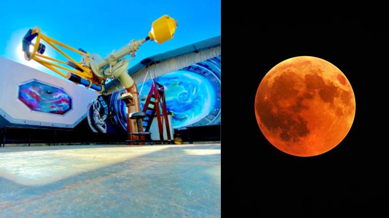 Observatório de Campinas recebe público em sala de astronomia com telescópio enquanto o eclipse lunar aparece na imagem à direita, com lua alaranjada no céu escuro.