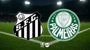 Santos x Palmeiras hoje: em um fundo de campo de futebol, aparecem os escudos do Santos e do Palmeiras no centro, com iluminação de estádio.