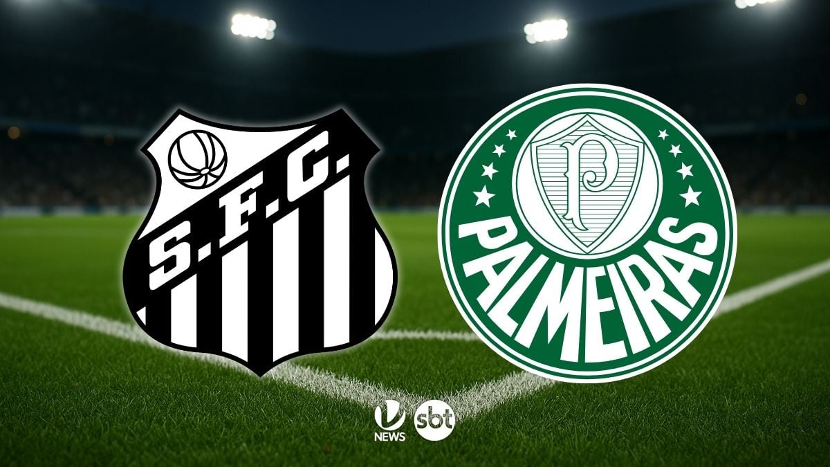 Palmeiras x Santos hoje: em um fundo de campo de futebol, aparecem os escudos do Santos e do Palmeiras no centro, com iluminação de estádio.