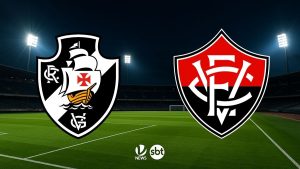 Vasco x Vitória em destaque no gramado com os escudos dos times de um lado e do outro, em imagem de transmissão com logotipos de emissora e plataforma de TV.
