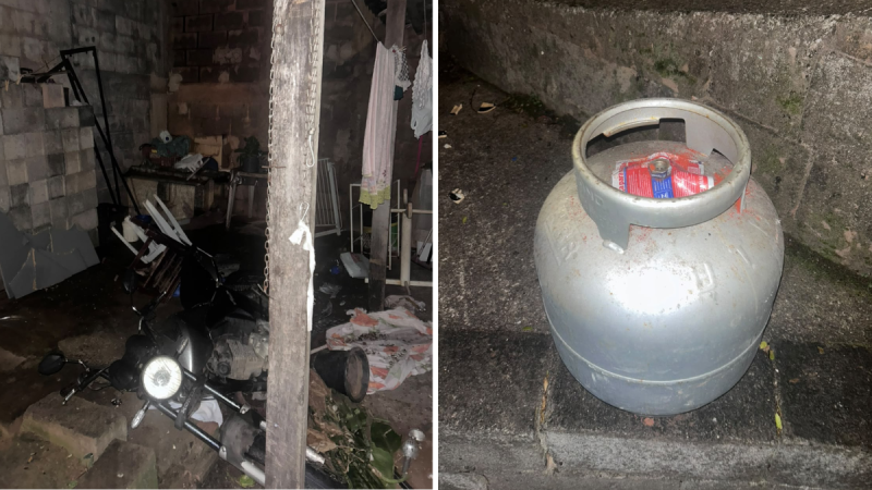 homem ameaça avó com faca em Itatiba: Cena de ocorrência em Itatiba: botijão de gás no chão após simulação de explosão e área interna com objetos e danos aparentes, indicando ameaça e pânico.
