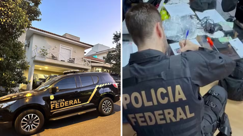 Viaturas da Polícia Federal em frente a um prédio e agentes investigando em Campinas; PF investiga servidor por corrupção e violação de sigilo. Operação Porteira Fechada.