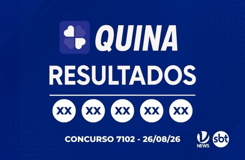 Quina 7102 resultados do concurso 7102 em 26/08/26, com cinco números marcados como XX no cartão informativo azul e logo da SBT News ao canto.