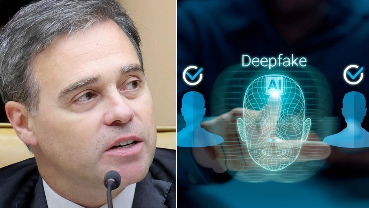 Imagem dividida: em um lado, close do rosto de um homem em contexto de discurso; no outro, interface com cérebro em estilo holográfico e o texto “Deepfake”, indicando tecnologia de IA.