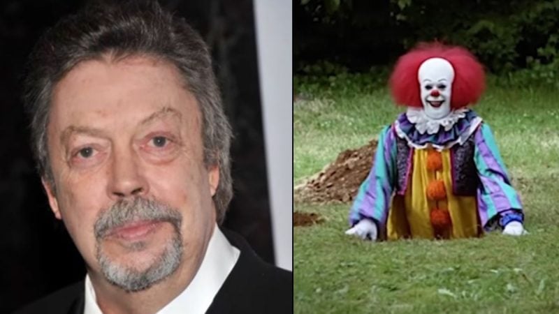 Morre Tim Curry: montagem com foto do ator Tim Curry e, ao lado, o personagem palhaço Pennywise caracterizado em cena, em destaque na notícia de falecimento.