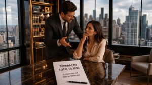 casal em escritório; ele em pé e ela sentada; tratando da separação de bens