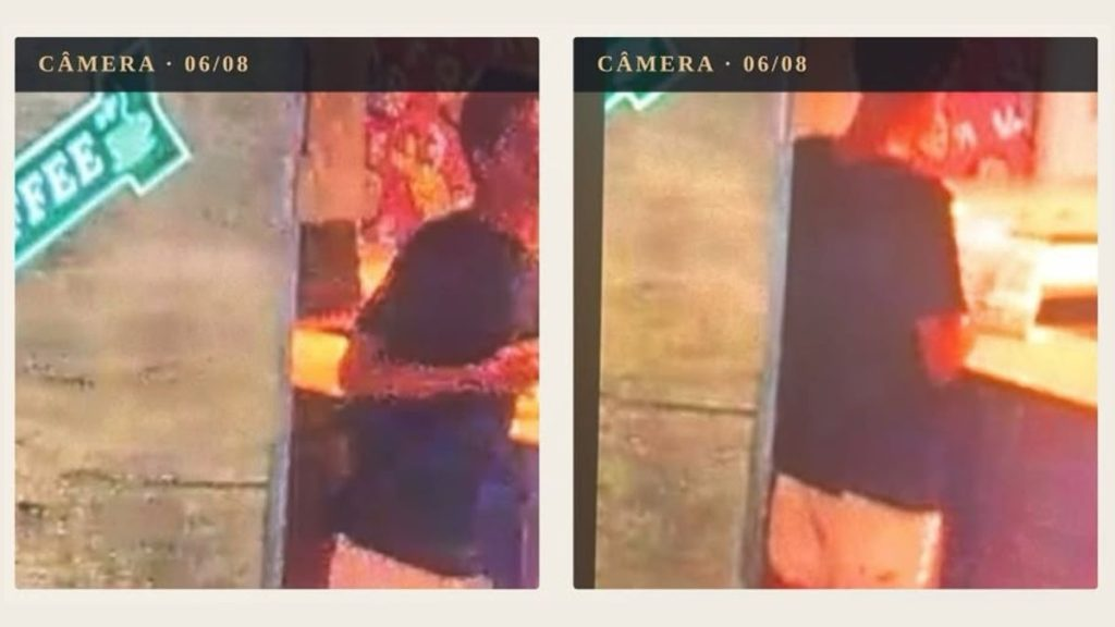A imagem mostra dois frames de uma câmera de segurança, posicionada no que parece ser um estabelecimento comercial com um letreiro ao fundo onde se lê "Coffee" - ou "Café", em inglês. Trata-se de Vinícius Valente da Silva, um homem de 30 anos que está desaparecido.