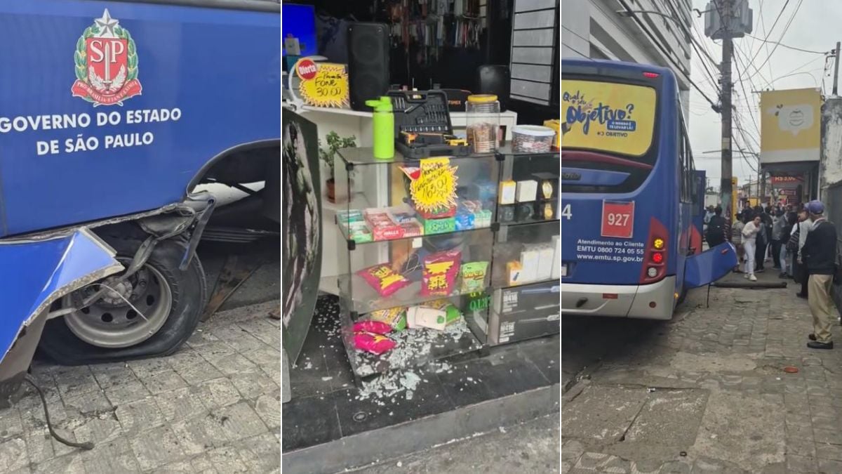 Pneu de ônibus estoura em São Vicente e causa danos no Centro: imagens mostram a lateral do veículo com o pneu/parte atingida, destroços no chão e comércio atingido durante o incidente, com equipes no local.