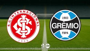 Internacional x Grêmio pela Copa do Brasil: logos dos times no campo de futebol, com emblemas do Internacional e Grêmio lado a lado, aviso para assistir ao jogo.