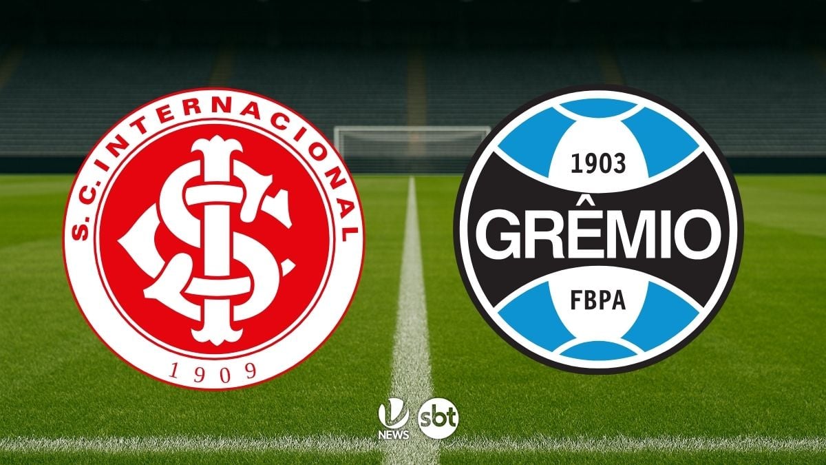 Internacional x Grêmio pela Copa do Brasil: logos dos times no campo de futebol, com emblemas do Internacional e Grêmio lado a lado, aviso para assistir ao jogo.