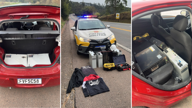 PM prende mulher com baterias de torre de celular furtadas em Mogi Guaçu: fotos mostram viatura da polícia militar e itens apreendidos no porta-malas de um carro, incluindo baterias e equipamentos.