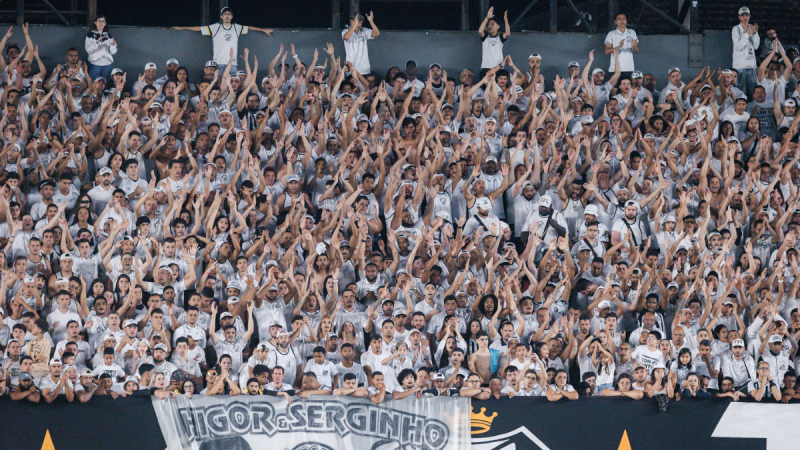 Torcida do Santos lotando arquibancada, com fãs levantando os braços e bandeiras, em imagem de divulgação do início dos Santos ingressos Palmeiras para o jogo contra o Palmeiras na Copa do Brasil.