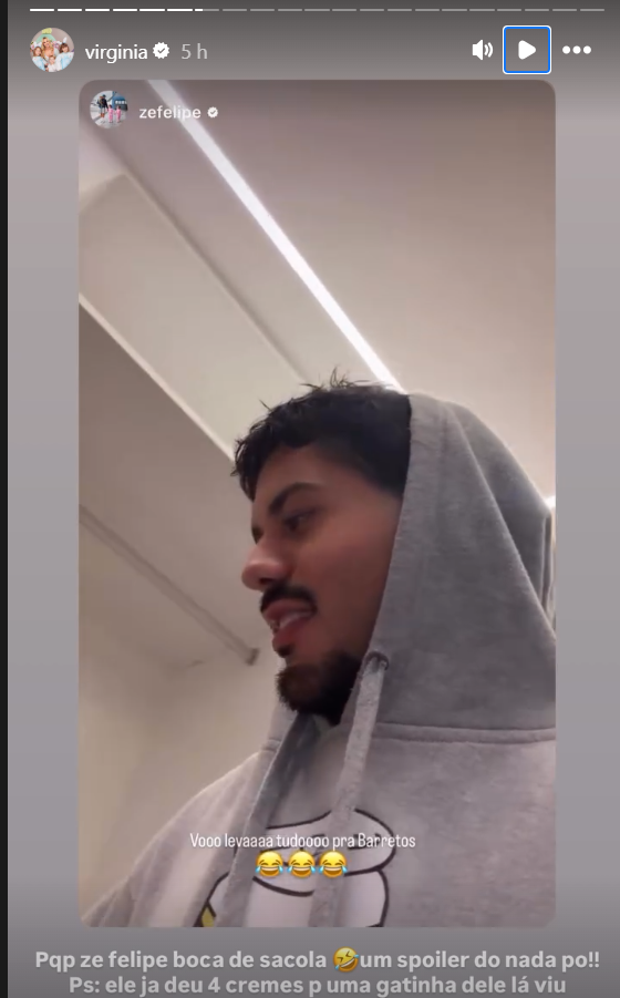 Print de story Zé Felipe de moletom cinza e barba, filmado em ambiente interno, sorrindo de lado. Texto na tela menciona “Voo levaaa tudoOOO pra Barretos”.