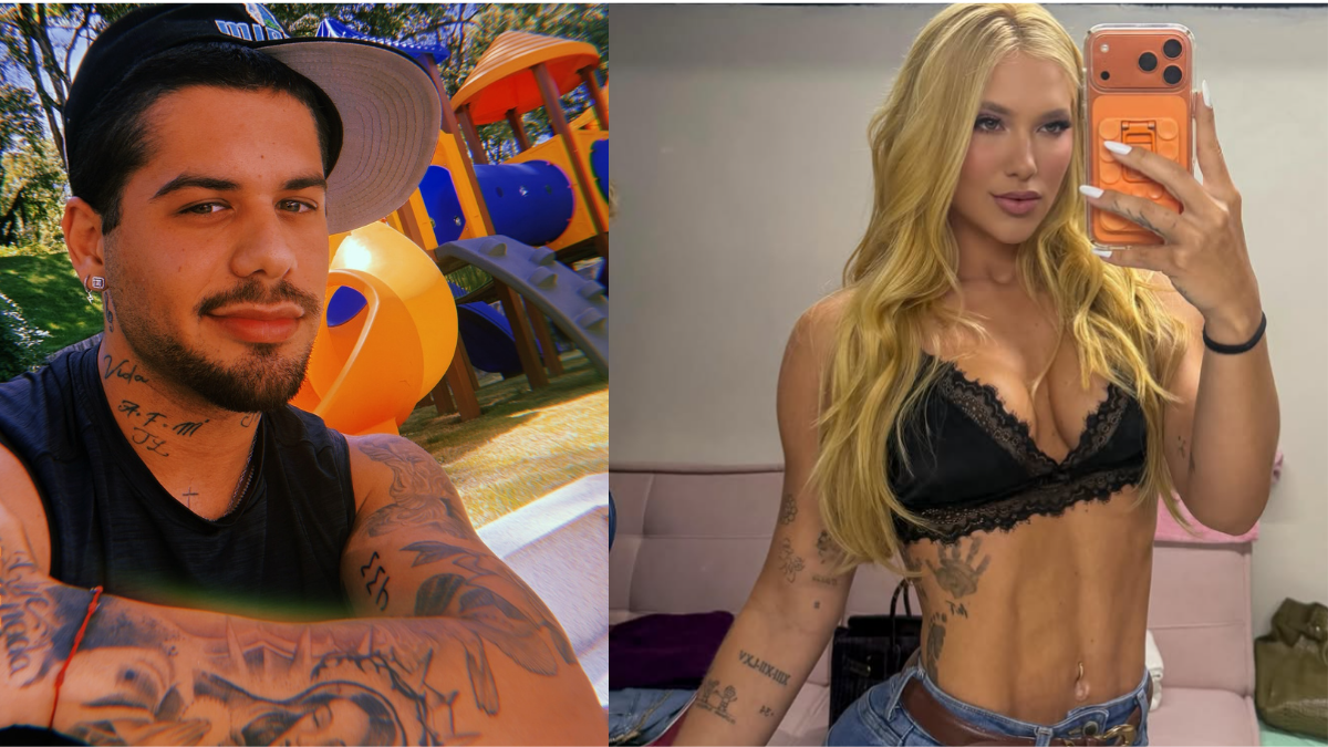 Comparativo em duas fotos: à esquerda, Zé Felipe, em ambiente externo; à direita, Virginia com lingerie preta e jeans, fazendo selfie no celular em espelho.