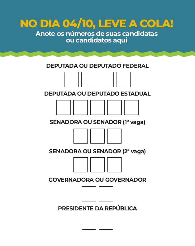 Arte para eleições 2026 com instruções de votação, destacando “NO DIA 04/10, LEVE A COLA!” e campos para anotar números de candidatos por cargo, incluindo presidente, governador, senado e deputados. cola eleitoral