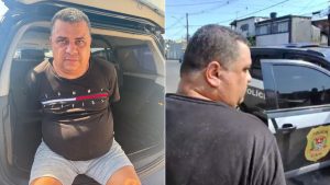 Gordinho é preso no Guarujá: homem algemado é conduzido por policiais ao lado de viaturas, em registro da operação na Baixada Santista.