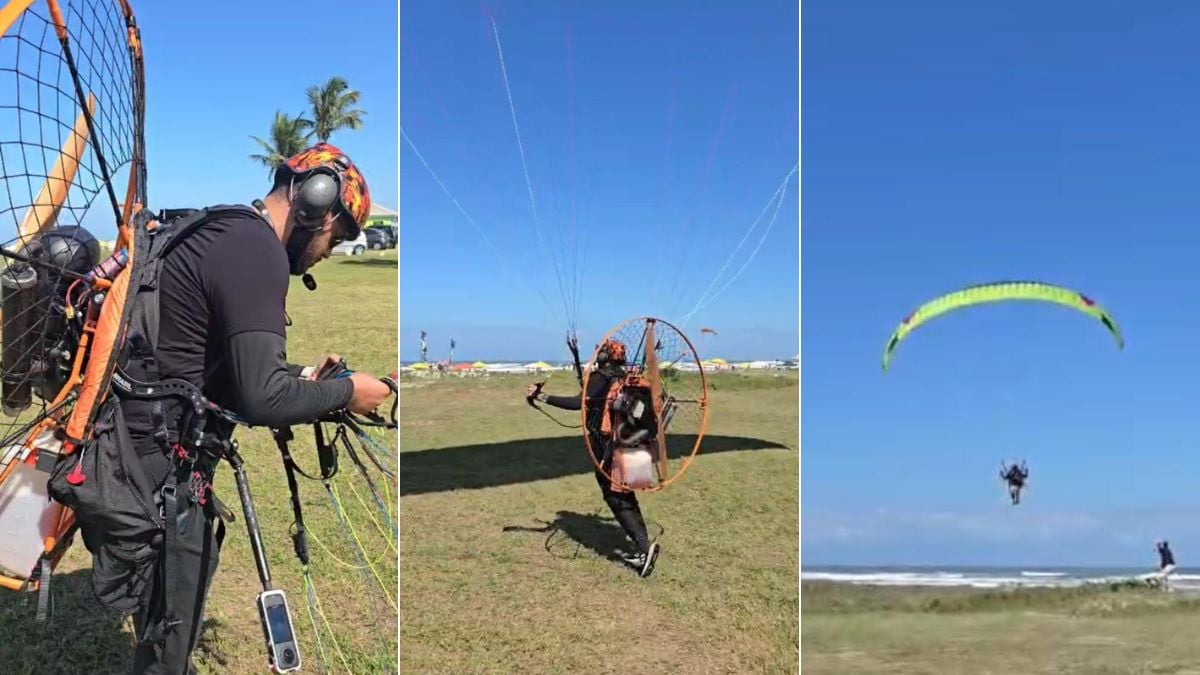 Piloto de paramotor em Itanhaém durante decolagem no litoral de SP, com equipamento de voo e paraquedas aberto, capturado em sequência de imagens.