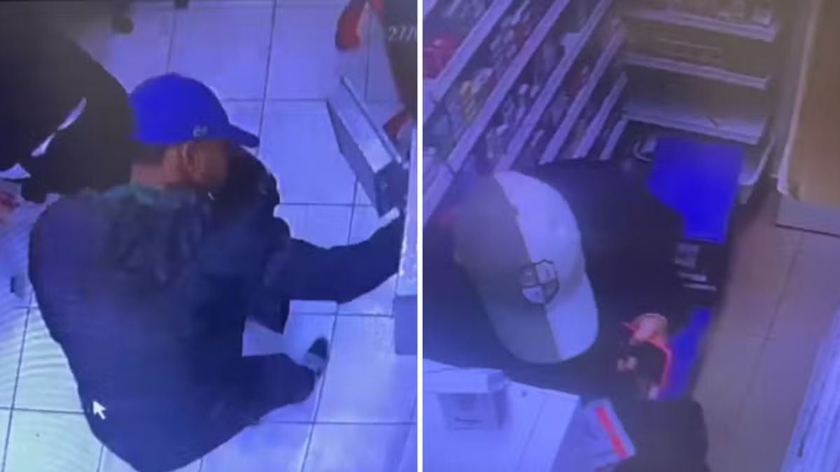 roubo em farmácia 24 horas em Sumaré: Imagens de vídeo mostram dupla invadindo farmácia 24 horas e roubando medicamentos em Sumaré, com indivíduos encapuzados dentro do estabelecimento.