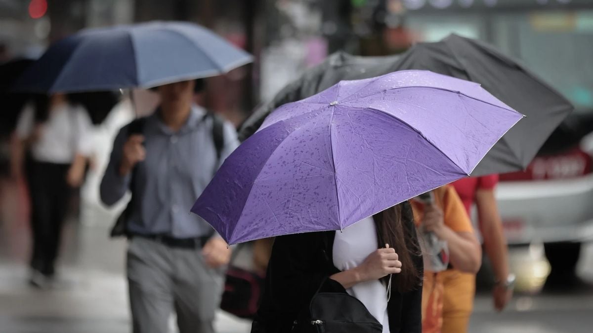 Pessoas caminhando em meio à chuva na rua, com guarda-chuvas coloridos, incluindo um guarda-chuva roxo em destaque ao centro