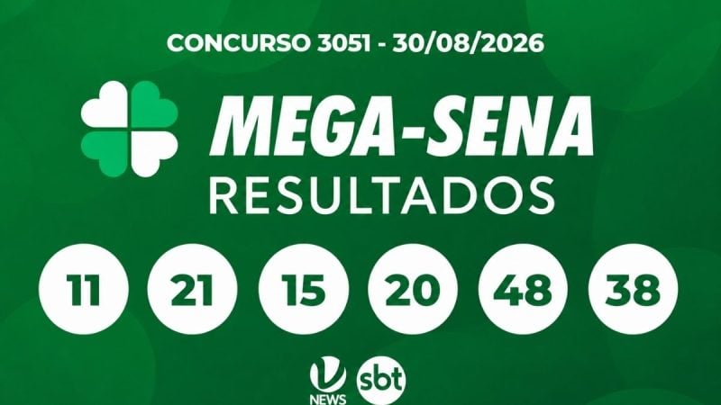 Banner verde com o texto “CONCURSO 3051 - 30/08/2026” e “MEGA-SENA RESULTADOS”, mostrando os números sorteados 11, 21, 15, 20, 48 e 38 e logo do sbt e VTV news.