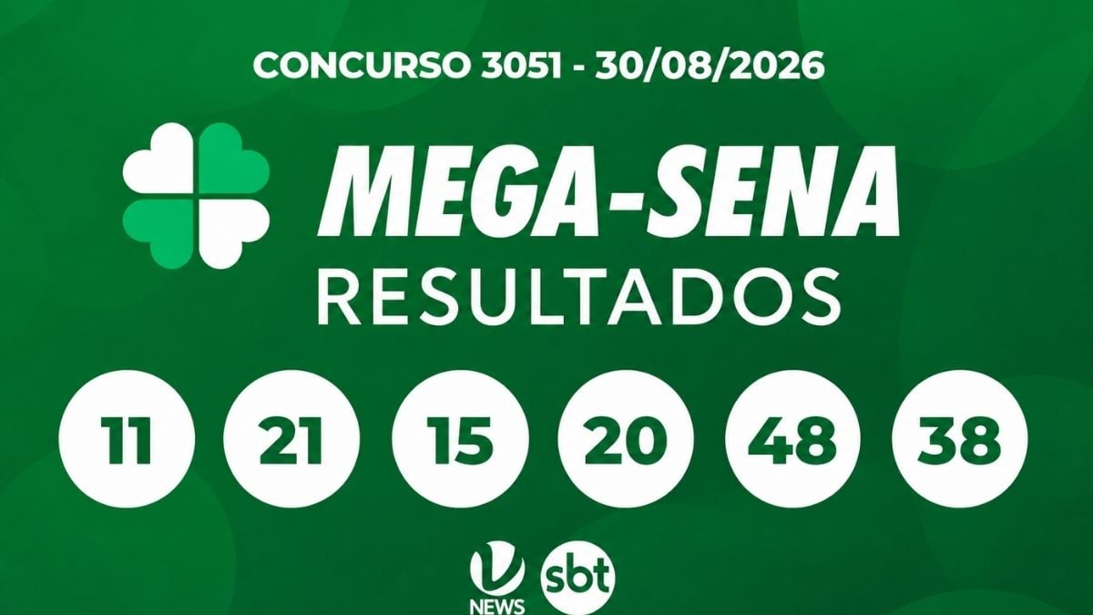 Banner verde com o texto “CONCURSO 3051 - 30/08/2026” e “MEGA-SENA RESULTADOS”, mostrando os números sorteados 11, 21, 15, 20, 48 e 38 e logo do sbt e VTV news.