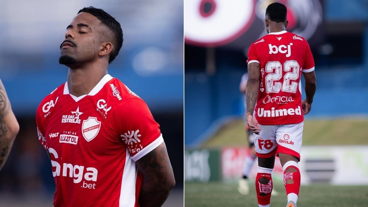 Hayner, ex-jogador do Santos, aparece em fotos com a camisa do clube em campo, em matéria que aponta investigação por tráfico de drogas e armas.