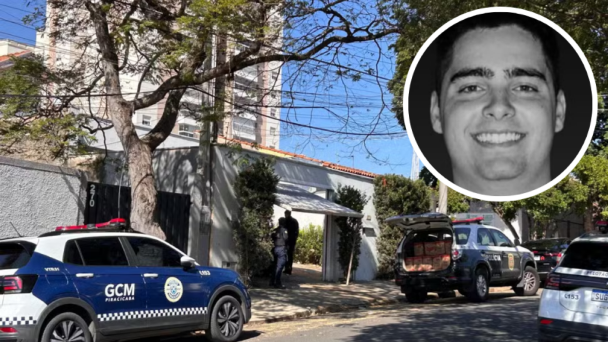 Ministério Público e equipes de investigação em frente a imóvel em Piracicaba, com carros oficiais e foto de estudante em destaque em reportagem sobre investigação sobre morte de estudante da Esalq