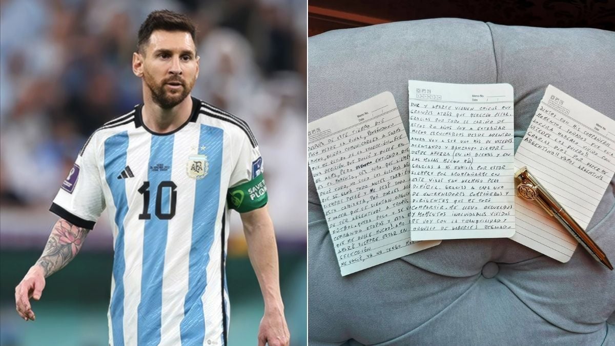 Messi anuncia aposentadoria e deixa a Seleção Argentina após 20 anos; foto de Lionel Messi em campo e uma carta manuscrita ao lado de um caderno e caneta
