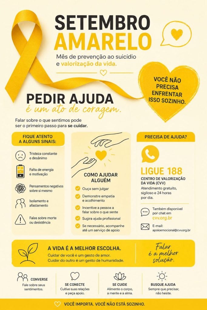 Arte do Setembro Amarelo com laço amarelo, mensagens de conscientização sobre prevenção ao suicídio e apoio emocional, com destaque para o convite a pedir ajuda e ligar 188.