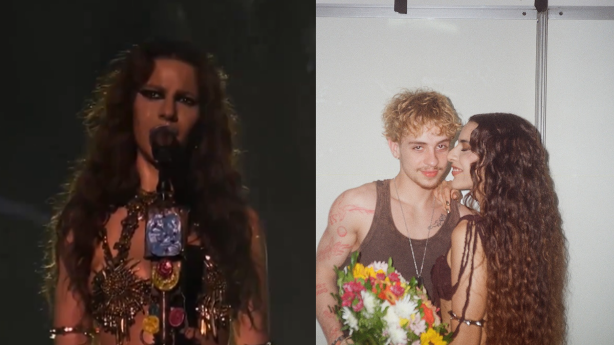 Foto em dois painéis: à esquerda, uma cantora com maquiagem escura e figurino chamativo em palco segurando um microfone; à direita, Marina e Juliano posando em evento, com buquê de flores entre eles.