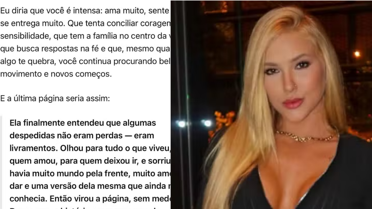 Foto de mulher loira com cabelo longo e roupa preta decotada ao lado de texto em página, em ambiente interno com luzes ao fundo