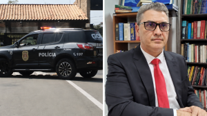 promotor de Justiça encontrado morto em Limeira: Viatura da polícia com luzes acionadas em frente a uma residência em Limeira, ao lado de um retrato de um promotor de justiça em contexto de investigação após ser encontrado morto.